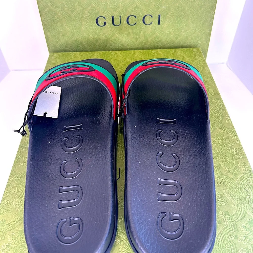 Gucci Black Slides with Red and Green Signature Stripe